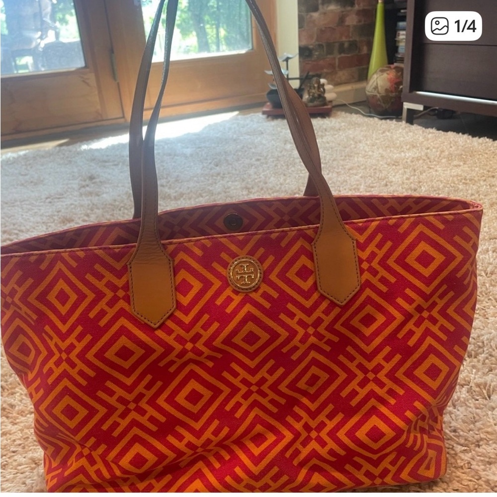 Tory Burch Red and Orange Geometric Tote